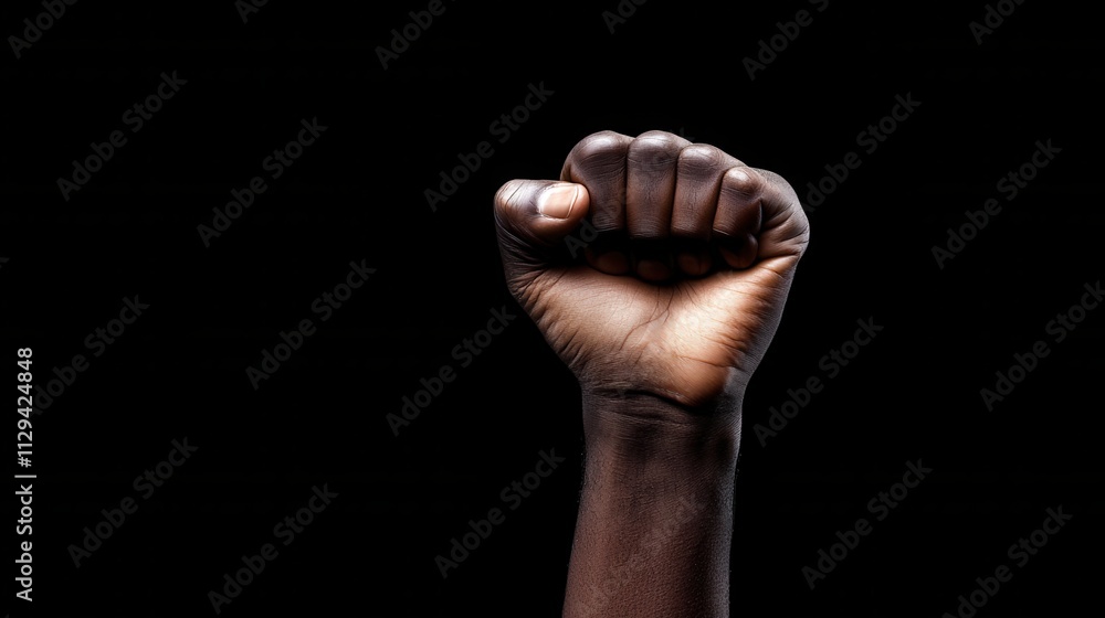 Black clenched fist as symbol of strength and unity against a dark background with copy space, representing power, solidarity and determination. Black clenched fist as symbol of strength and unity against a dark background with copy space, representing power, solidarity and determination.