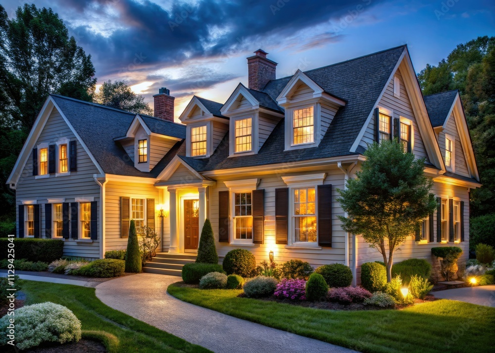 Enchanting New England home, bathed in dreamy night light, showcasing stunning architectural details. Enchanting New England home, bathed in dreamy night light, showcasing stunning architectural details.