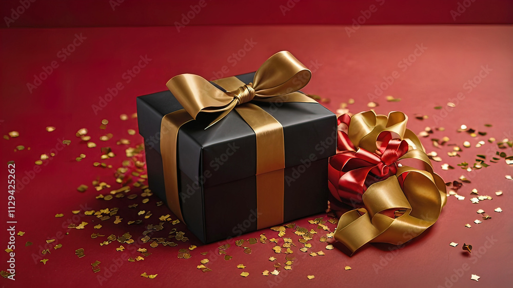 red background with a gift box tied with a satin shiny ribbon with a bow. small gold confetti. red background with a gift box tied with a satin shiny ribbon with a bow. small gold confetti.