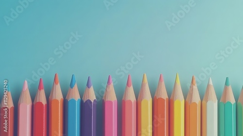 A colorful set of pencils arranged in a gradient pattern on a plain white background.