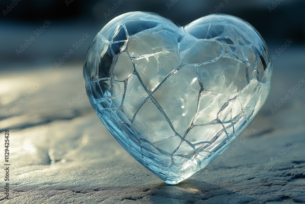 Fragile Heart: A delicate heart of glass, fractured and shattered, symbolizes vulnerability, fragility, and the pain of heartbreak. The image evokes a sense of melancholy and contemplation. Fragile Heart: A delicate heart of glass, fractured and shattered, symbolizes vulnerability, fragility, and the pain of heartbreak. The image evokes a sense of melancholy and contemplation.