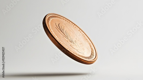 A copper coin flipping mid-air on a solid white background.