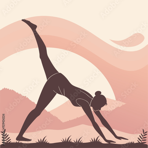 Silhouette of a Woman Practicing Yoga in Nature: A serene silhouette of a woman in a yoga pose against a soft, pastel sunset backdrop with mountains and grass. The image evokes a sense of peace.