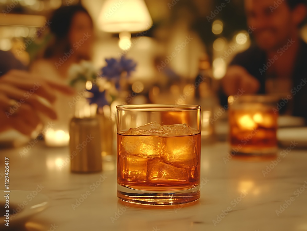 Amber liquid in a glass with ice at a dimly lit restaurant Amber liquid in a glass with ice at a dimly lit restaurant