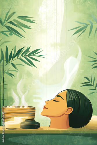 Woman enjoying a relaxing spa treatment surrounded by bamboo and steam in a serene green setting, vertical