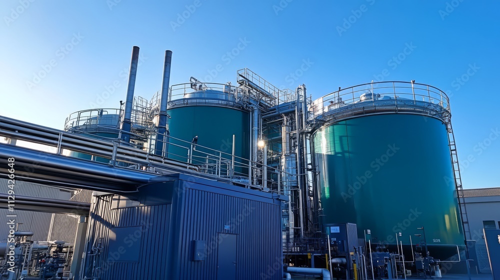 Obraz premium Industrial facility with large green tanks under a clear blue sky.