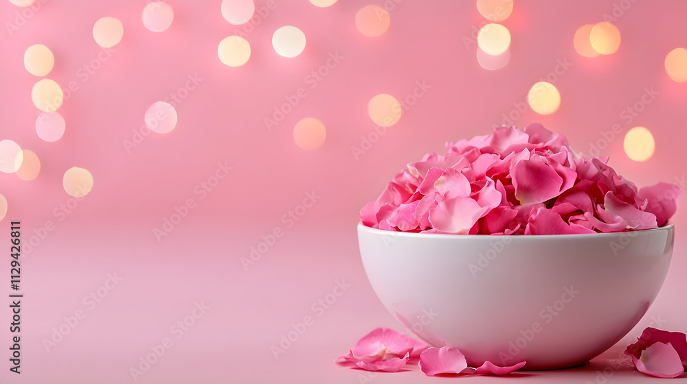 Delicate pink rose petals in a white bowl surrounded by soft glowing lights create an inviting atmosphere for relaxation and romance, evoking the beauty of nature's elegance Delicate pink rose petals in a white bowl surrounded by soft glowing lights create an inviting atmosphere for relaxation and romance, evoking the beauty of nature's elegance