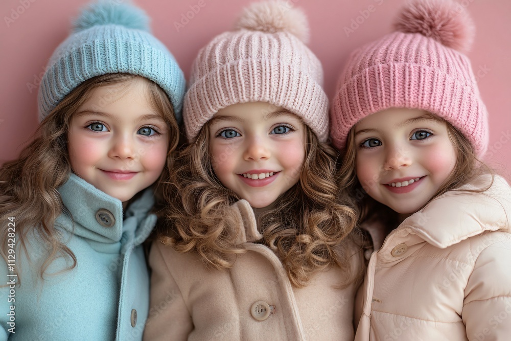 Three young girls in stylish winter coats and beanies exude joy, perfect for seasonal promotions, winter fashion campaigns, and holiday advertising for children. Three young girls in stylish winter coats and beanies exude joy, perfect for seasonal promotions, winter fashion campaigns, and holiday advertising for children.