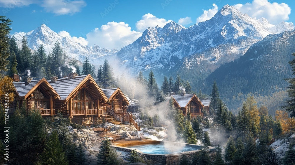 Fototapeta premium Cozy cabins nestled in a scenic mountain landscape with a pool. Towering peaks and lush forests create a tranquil outdoor escape, perfect for relaxation. Generative AI
