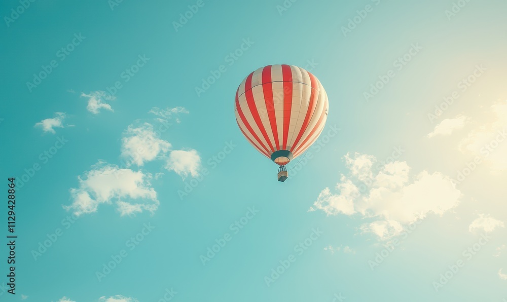 Fototapeta premium A vibrant hot air balloon floats against a clear blue sky, illuminated by sunlight, creating a serene and uplifting scene.