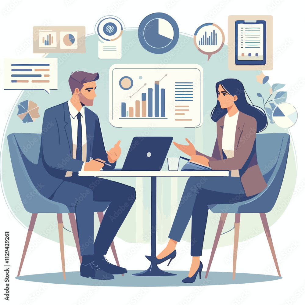 Partners meeting for business discussion with documents and laptop on desk. Couple at round table, speaking, discussing work, partnership. Flat vector on a white background Partners meeting for business discussion with documents and laptop on desk. Couple at round table, speaking, discussing work, partnership. Flat vector on a white background