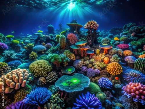 Explore vibrant coral reefs at night, capturing bioluminescence and deep-sea marine life's ethereal glow.