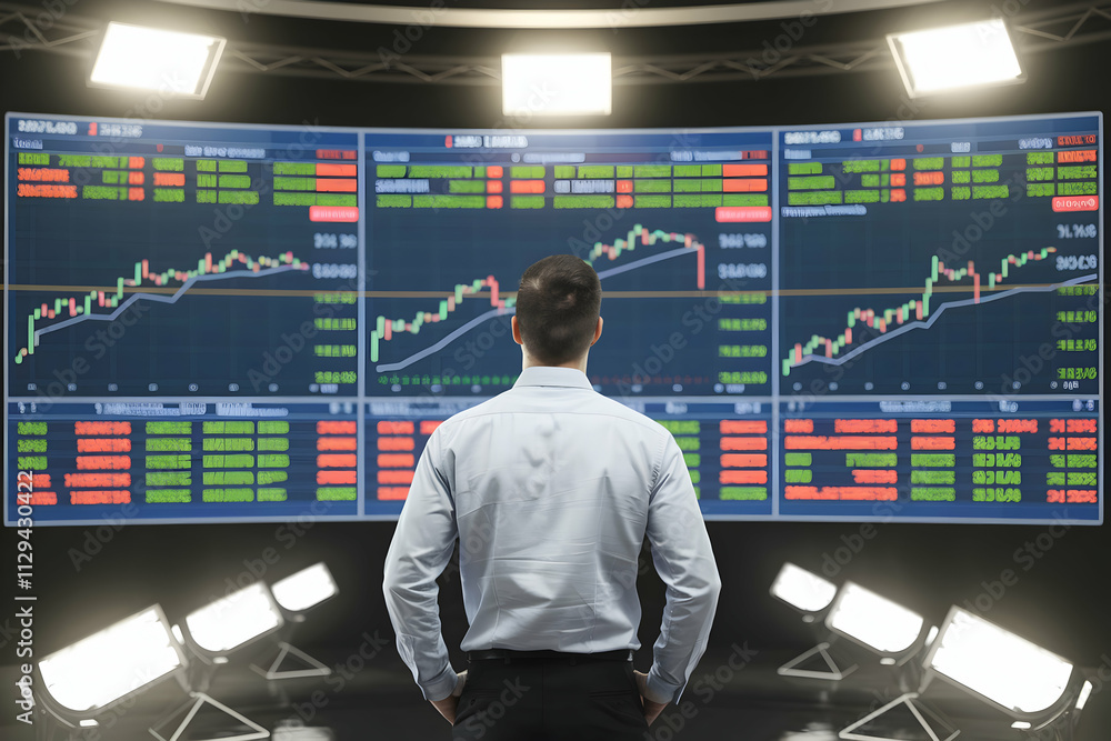 Man observes colorful financial graphs on large screen in trading environment Man observes colorful financial graphs on large screen in trading environment