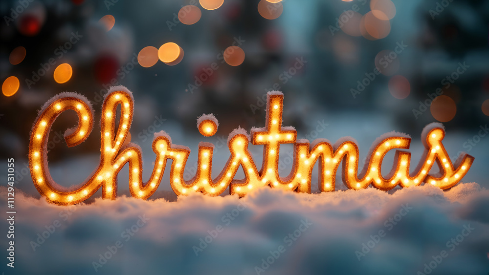 Elegant Christmas Text Set Against a Magical Blurred Background of Soft Snowfall and Warm Glow Lights Elegant Christmas Text Set Against a Magical Blurred Background of Soft Snowfall and Warm Glow Lights