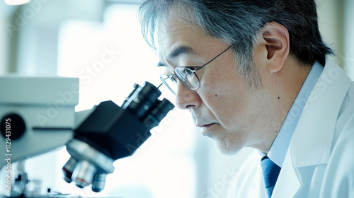 Asian elderly male scientist observing through microscope in laboratory