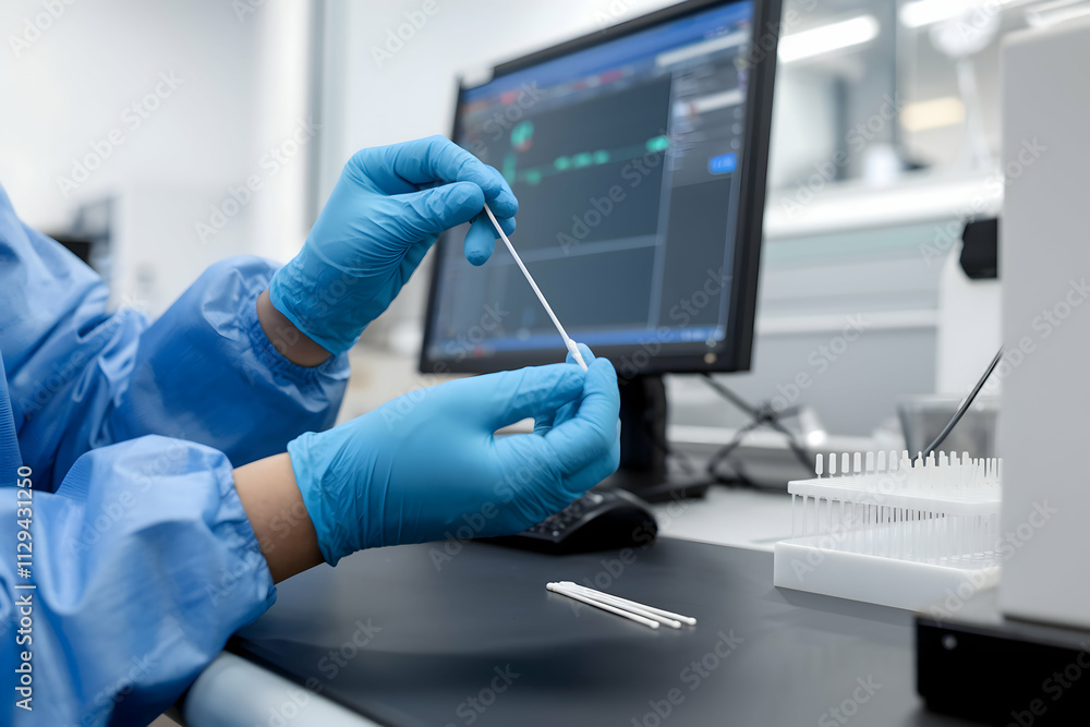 Blue gloves handle swab in clean lab with monitor and pipette holder Blue gloves handle swab in clean lab with monitor and pipette holder