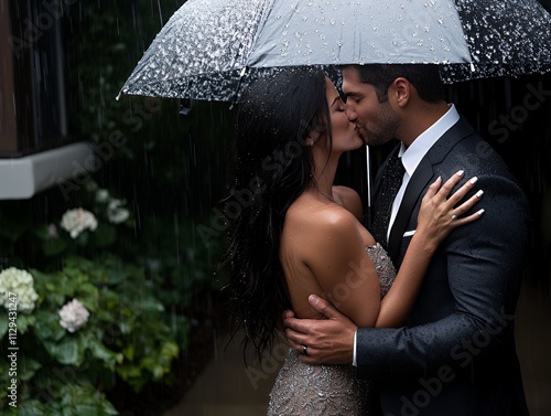 Couple sharing a kiss in the rain photo