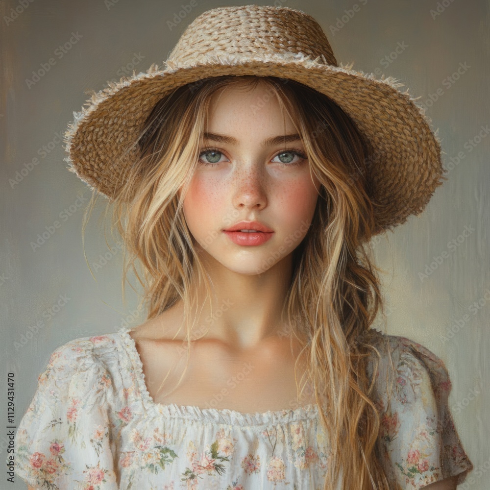 Portrait of a charming blonde teenager girl wearing a straw hat and a floral dress, embodying a natural and youthful beauty