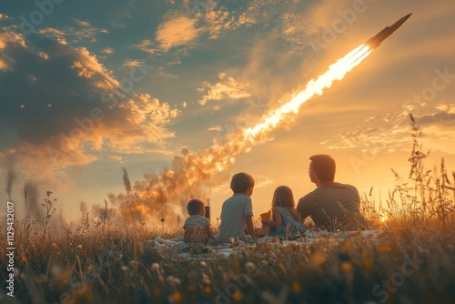 Family watching rocket launch at sunset: father and children observing space rocket flying in beautiful sunset sky photo