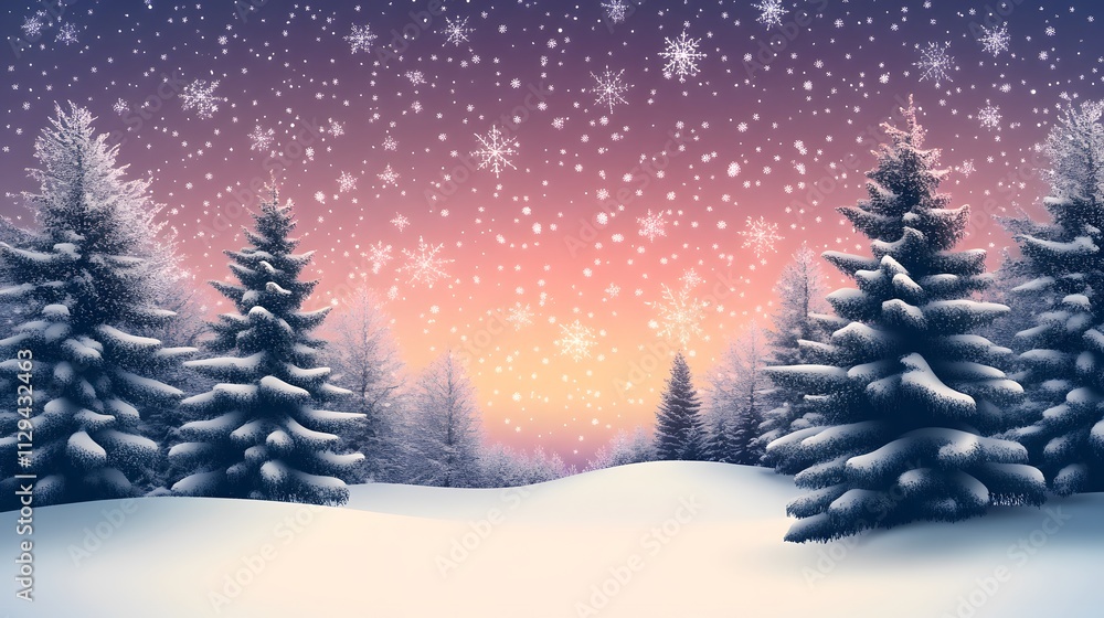 Beautiful winter landscape with snow-covered trees and colorful northern lights in the sky Beautiful winter landscape with snow-covered trees and colorful northern lights in the sky
