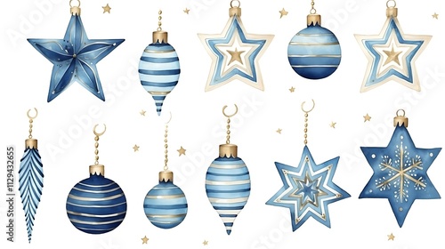 Blue christmas ornaments and stars hanging from a golden string