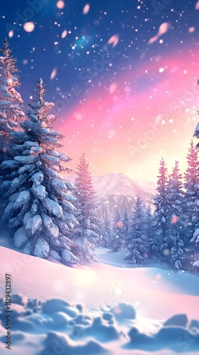 Beautiful winter landscape with snow-covered trees and colorful northern lights in the sky