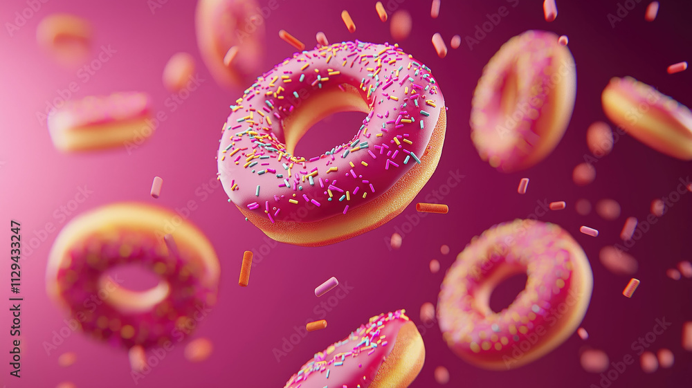 A bunch of delicious donuts falling down with sprinkles on a dark pink background A bunch of delicious donuts falling down with sprinkles on a dark pink background