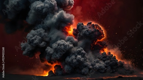 Dark smoke and black ash particles are suspended in mid explosion, creating dramatic and intense scene. fiery red background photo