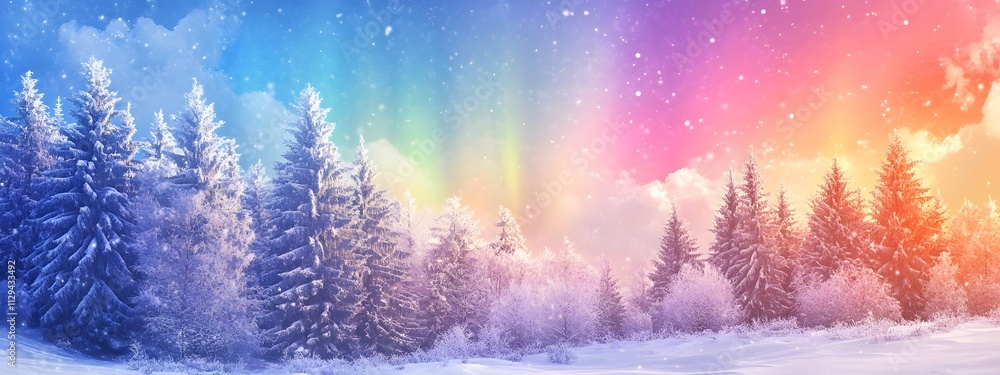 Beautiful winter landscape with snow-covered trees and colorful northern lights in the sky Beautiful winter landscape with snow-covered trees and colorful northern lights in the sky