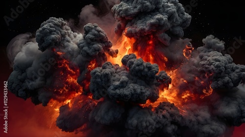 Dark smoke and black ash particles are suspended in mid explosion, creating dramatic and intense scene. fiery red background photo