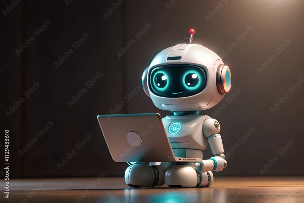3d rendering cute artificial intelligence  robot or assistant robot with computer notebook 3d rendering cute artificial intelligence  robot or assistant robot with computer notebook