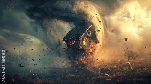 A house is being uprooted by a powerful tornado, with dark storm clouds swirling above and debris flying around in a chaotic display of nature's fury. Generative AI