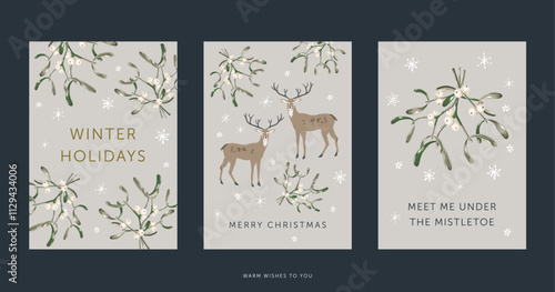 Christmas nature design greeting cards template, text, gray background. Mistletoe twigs with white berries, deer animal, snowflakes. Vector illustration. Winter forest. New year holidays