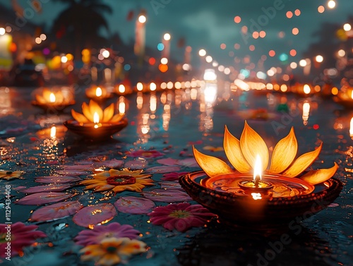 Diwali night filled with joy homes lit with rows of glowing oil lamps colorful rangoli designs on the ground and fireworks illuminating the night sky photo