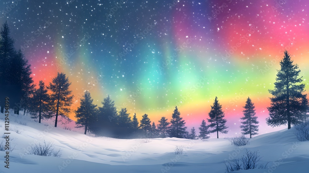 Beautiful winter landscape with snow-covered trees and colorful northern lights in the sky Beautiful winter landscape with snow-covered trees and colorful northern lights in the sky