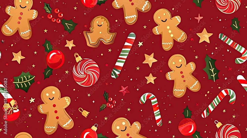 Naklejka premium Red Christmas pattern with gingerbread cookies, candy canes