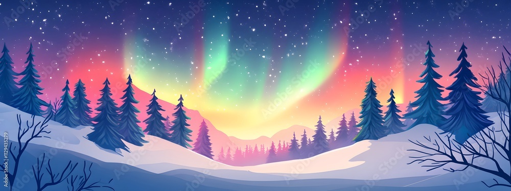 Beautiful winter landscape with snow-covered trees and colorful northern lights in the sky Beautiful winter landscape with snow-covered trees and colorful northern lights in the sky