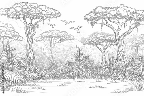 Hand-Drawn Tropical Jungle Scene with Trees and Birds in Wildlife