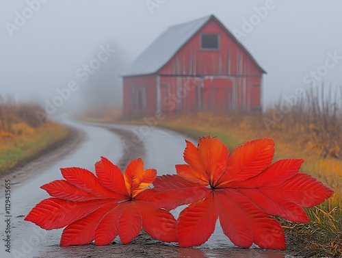 Vivid Red Autumn Leaves Near Foggy Country Road and Barn photo