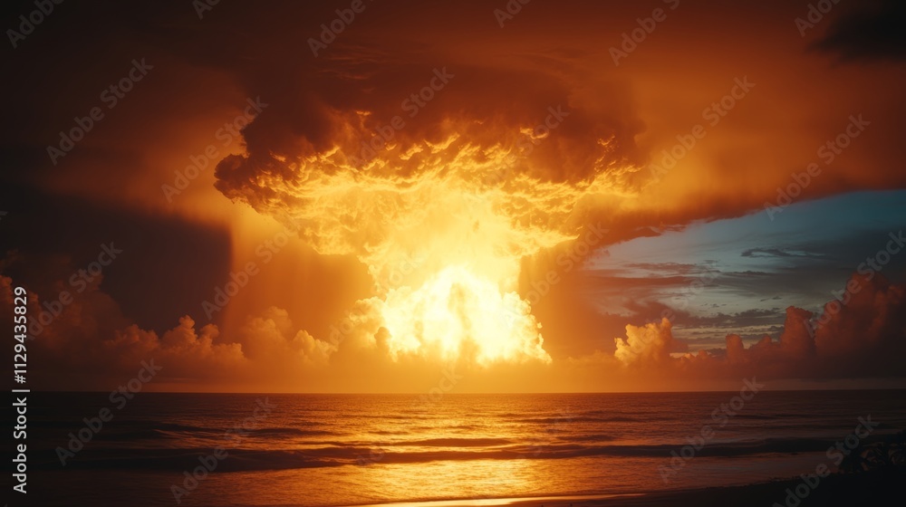 A brilliant, fiery burst erupts over the vast ocean, casting a surreal glow across the waves as clouds of smoke rise and billow into the sky. A brilliant, fiery burst erupts over the vast ocean, casting a surreal glow across the waves as clouds of smoke rise and billow into the sky.