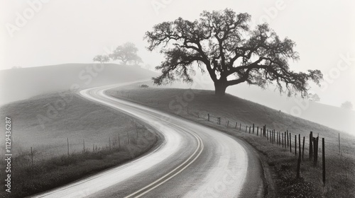 A winding road meanders through a tranquil landscape, flanked by a solitary tree and a rustic fence, inviting wanderers to explore nature's beauty. photo