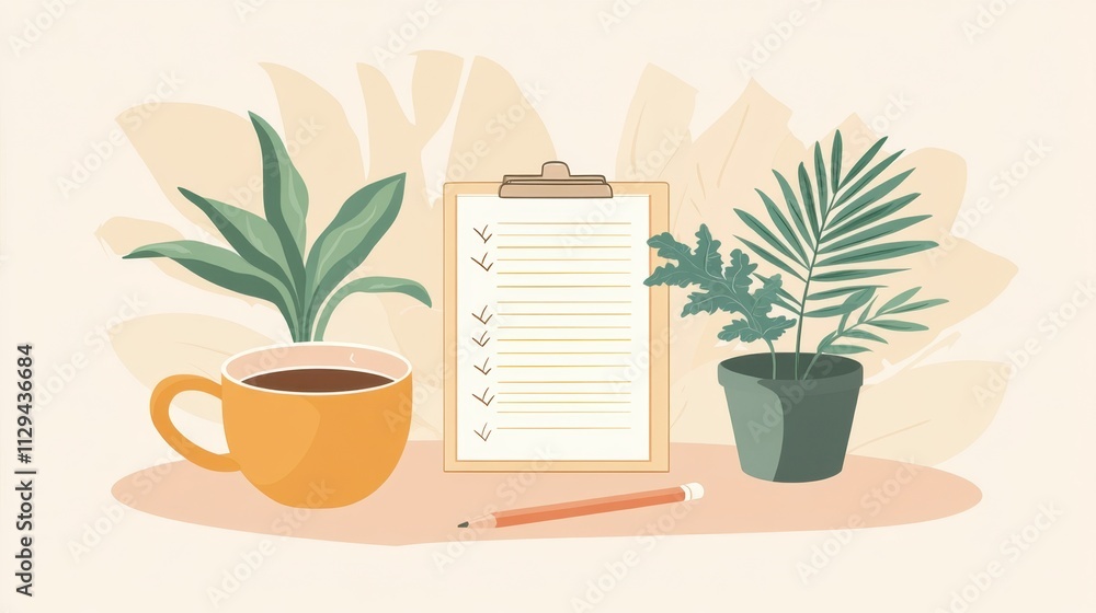Fototapeta premium A cheerful workspace features a clipboard with a checklist, a cup of coffee, and decorative indoor plants, creating a productive atmosphere. Generative AI