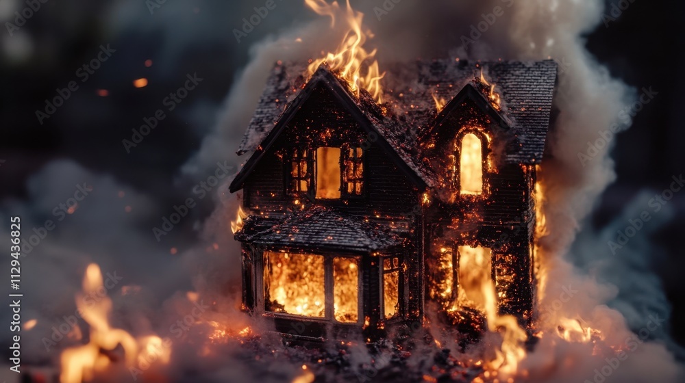 A house is fully ablaze, flames consuming the wooden structure as thick smoke billows into the night sky, creating a dramatic and dangerous situation. Generative AI A house is fully ablaze, flames consuming the wooden structure as thick smoke billows into the night sky, creating a dramatic and dangerous situation. Generative AI