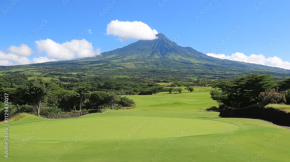 Fototapeta premium A stunning aerial view of a lush golf course framed by majestic mountains, where vibrant greens contrast against the rugged landscape.