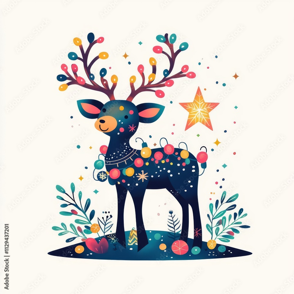 Naklejka premium A festive reindeer adorned with colorful lights.