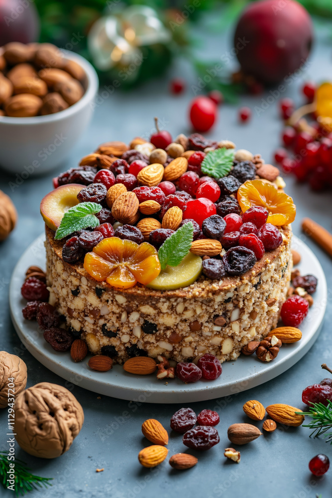 A cake topped with fruit and nuts on a plate A cake topped with fruit and nuts on a plate