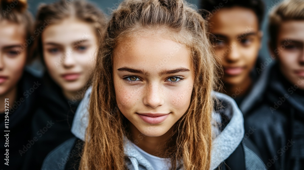 A radiant girl with flowing hair stands among a lively group of cheerful young friends, exuding joy and connection in a vibrant outdoor setting. A radiant girl with flowing hair stands among a lively group of cheerful young friends, exuding joy and connection in a vibrant outdoor setting.