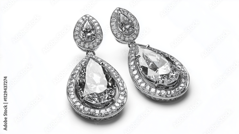 Pair of fancy diamond earrings isolated on white background Pair of fancy diamond earrings isolated on white background