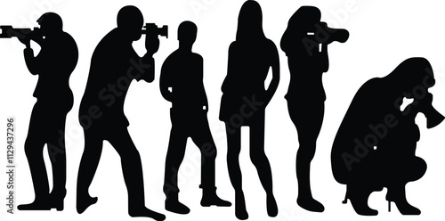 Handsome woman posing for shooting,Crew photographers vector silhouette illustration, Fashion pose attractive girl shape,Sexy lady, Female figure shadow, Glamorous top model, Cameraman on casting