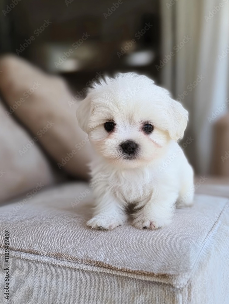 Small white dog on couch Small white dog on couch